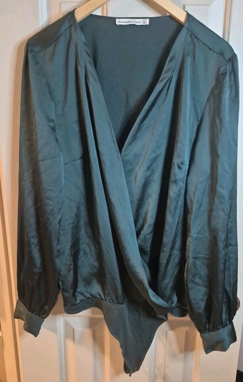Abercrombie Fitch Green Satin Faux Wrap Long Sleeve Bodysuit xl Grunge Goth